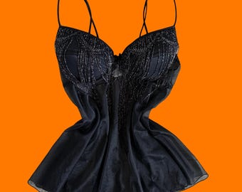 90er 00er Vintage schwarze schiere metallic Fransen y2k Wäsche Babydoll LARGE