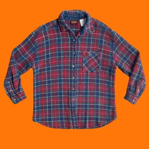 90's vintage textured plaid flannel button up collared long sleeve blouse LARGE faded glory