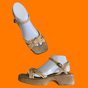90&#39;s 00&#39;s vintage raffia braided open toed ankle strap y2k platform sandals US Size 9 lower east side