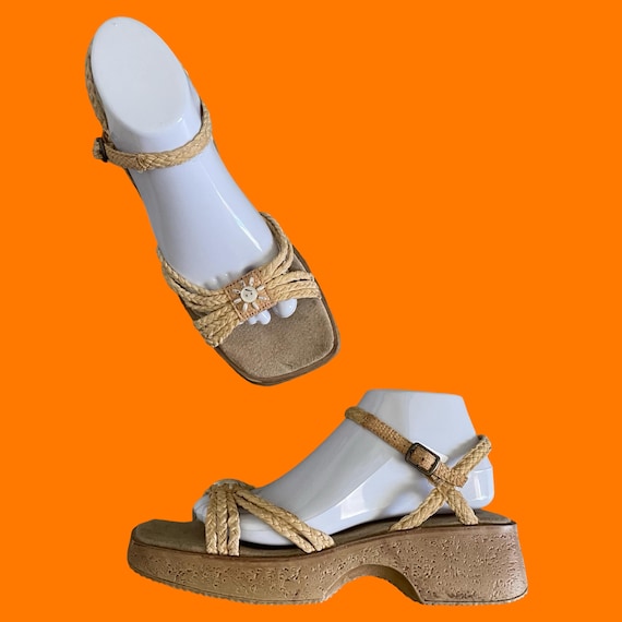 90's 00's Vintage Raffia Braided Open Toed Ankle Strap Y2k