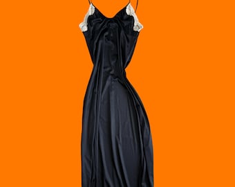 80er Vintage schwarzes Nylon Spitzenbesatz Wäsche Maxi Slip Dress SMALL g's