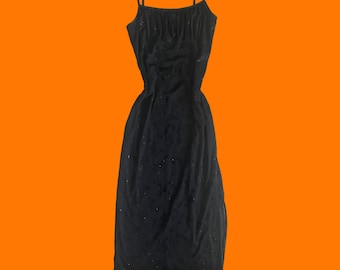 90&#39;s vintage black glittery floral chiffon overlay milkmaid spaghetti strap bodycon maxi dress LARGE candy rocket
