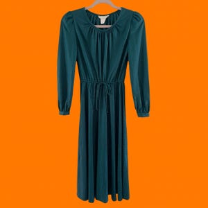 70&#39;s vintage teal striped semi sheer long sleeve prairie midi dress XS SMALL