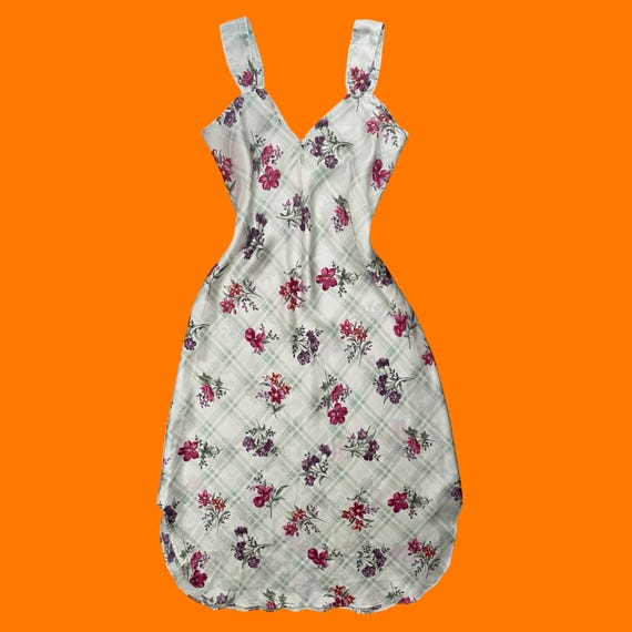 90's vintage plaid floral print silky satin 100% synthetic midi maxi slip dress SMALL Kathryn