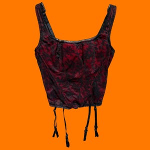 90&#39;s 00&#39;s vintage red and black floral lace mesh semi sheer whimsigoth gothic y2k corset with garters 34C felina lingerie