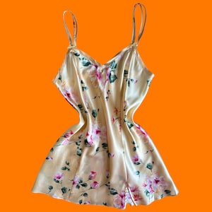 00&#39;s vintage baby yellow satin 100% polyester floral print y2k lingerie mini slip dress MEDIUM delicates
