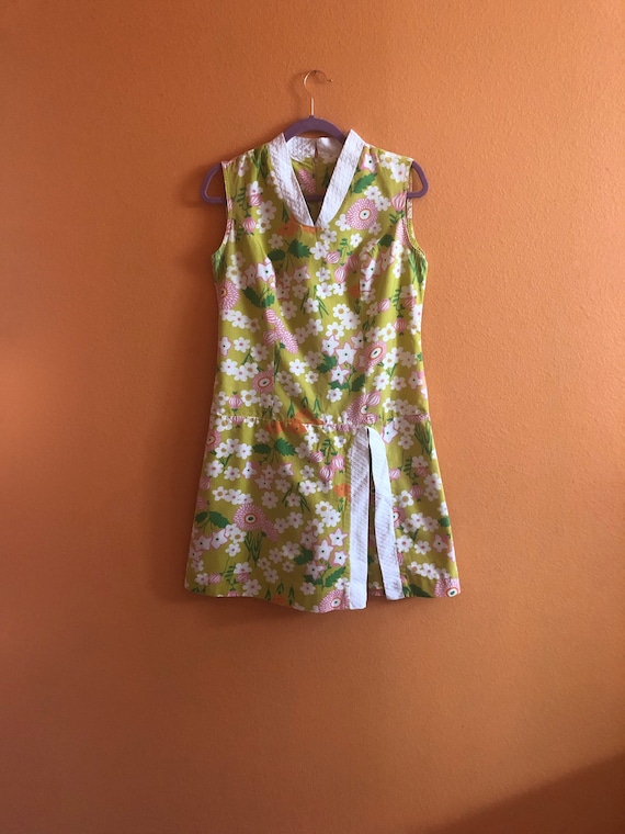 60's vintage floral print pleated playsuit dress L
