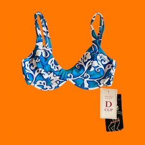 90&#39;s vintage blue and white tropical hibiscus floral print underwire bikini top MEDIUM d cup *deadstock* California waves