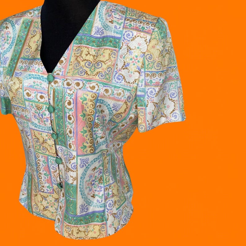 Blusa vintage anni '80-'90 in seta 100% con motivo paisley floreale, taglia 8, adrianna papell immagine 2