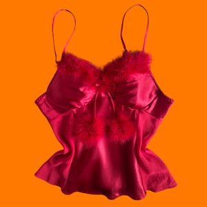 90&#39;s 00&#39;s vintage red satin sheer chiffon 100% polyester feather trim y2k babydoll lingerie tank top MEDIUM *deadstock*