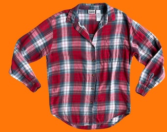 90's vintage flannel plaid 100% cotton collared button up blouse SMALL