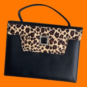 90&#39;s vintage faux leather leopard print faux fur rhinestone studded boxy square jewelry case travel cosmetic bag 7.75&quot; x 1.75&quot; x 6