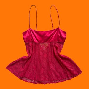 00&#39;s vintage red 100% silk sheer floral lace open back spaghetti strap y2k baby doll mini slip dress lingerie top LARGE Victoria&#39;s Secret