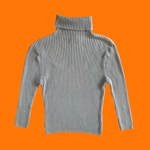 90's 00's vintage periwinkle blue ribbed knit 3/4 sleeve bodycon turtleneck y2k sweater top blouse MEDIUM