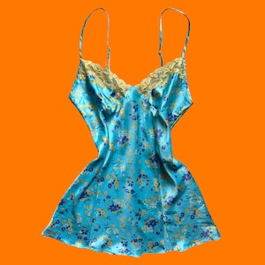 00&#39;s vintage baby blue and yellow satin 100% polyester floral print y2k mini slip dress MEDIUM victoria&#39;s secret