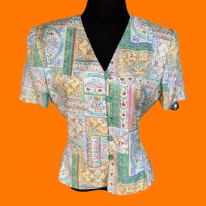 Blusa vintage anni '80-'90 in seta 100% con motivo paisley floreale, taglia 8, adrianna papell immagine 1