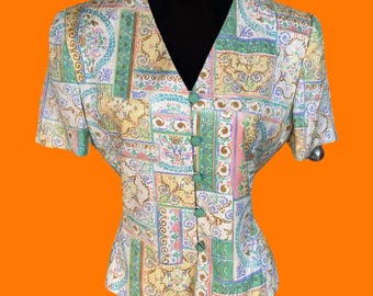 Blusa vintage de seda 100 % con estampado floral paisley de los años 80 y 90, talla 8, de Adrianna Papell