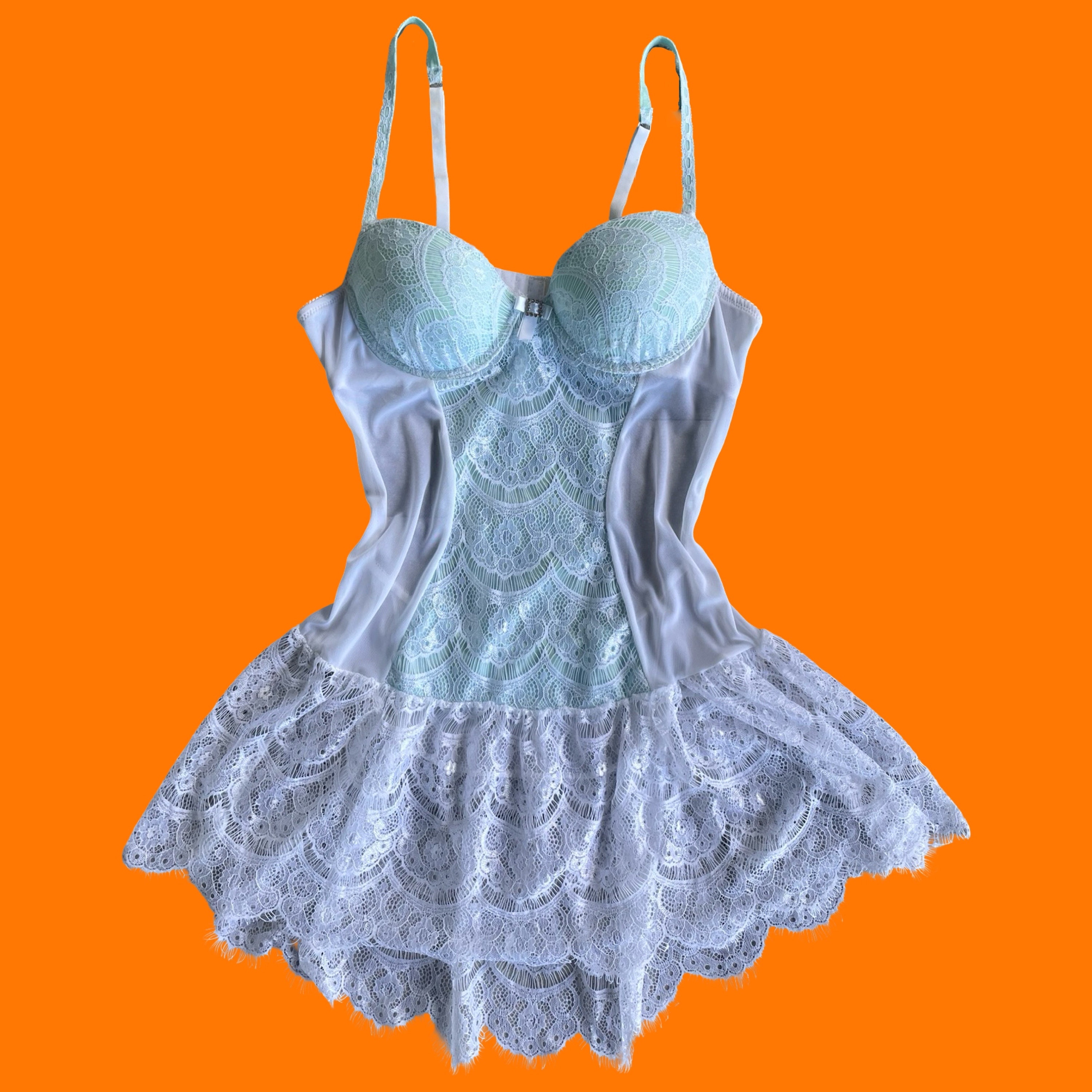 90's 00's Vintage Sheer White Mesh Aqua Blue Open Back Lace Y2k Bustier Babydoll Mini Slip Dress MEDIUM Cinema Etoile