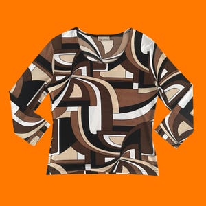 90&#39;s vintage groovy psychedelic abstract print slinky 3/4 sleeve bodycon blouse top LARGE XL Susan Lawrence