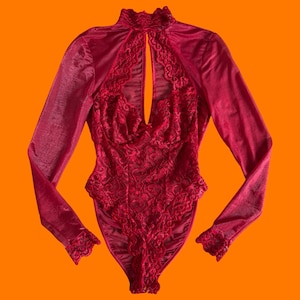 90&#39;s vintage red floral lace sheer mesh iridescent long sleeve balconet hi cut high leg high neck teddy bodysuit one piece SMALL Frederick&#39;s