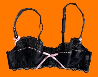 Reggiseno vintage anni 2000 nero e rosa pastello in rete floreale stile fata y2k 34B