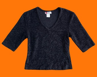 90's vintage black furry fuzzy glittery v neck bodycon top MEDIUM ys fashion usa
