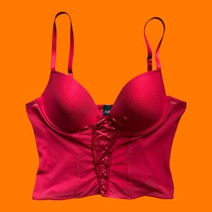 00&#39;s vintage red mesh sheer lace up y2k bustier corset lingerie crop top XL secret treasures