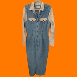 90&#39;s vintage medium wash denim khaki linen blend long sleeve collared button up maxi dress Size 13 Paris blues