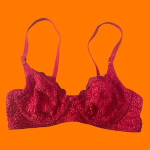 90&#39;s vintage red floral lace embroidered bra 34D