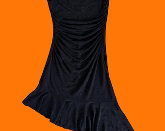 Vestido asimétrico ajustado estilo Y2K con top de tubo sin tirantes, fruncido, negro brillante, estilo vintage de los años 00, talla MEDIANA **talla pequeña**