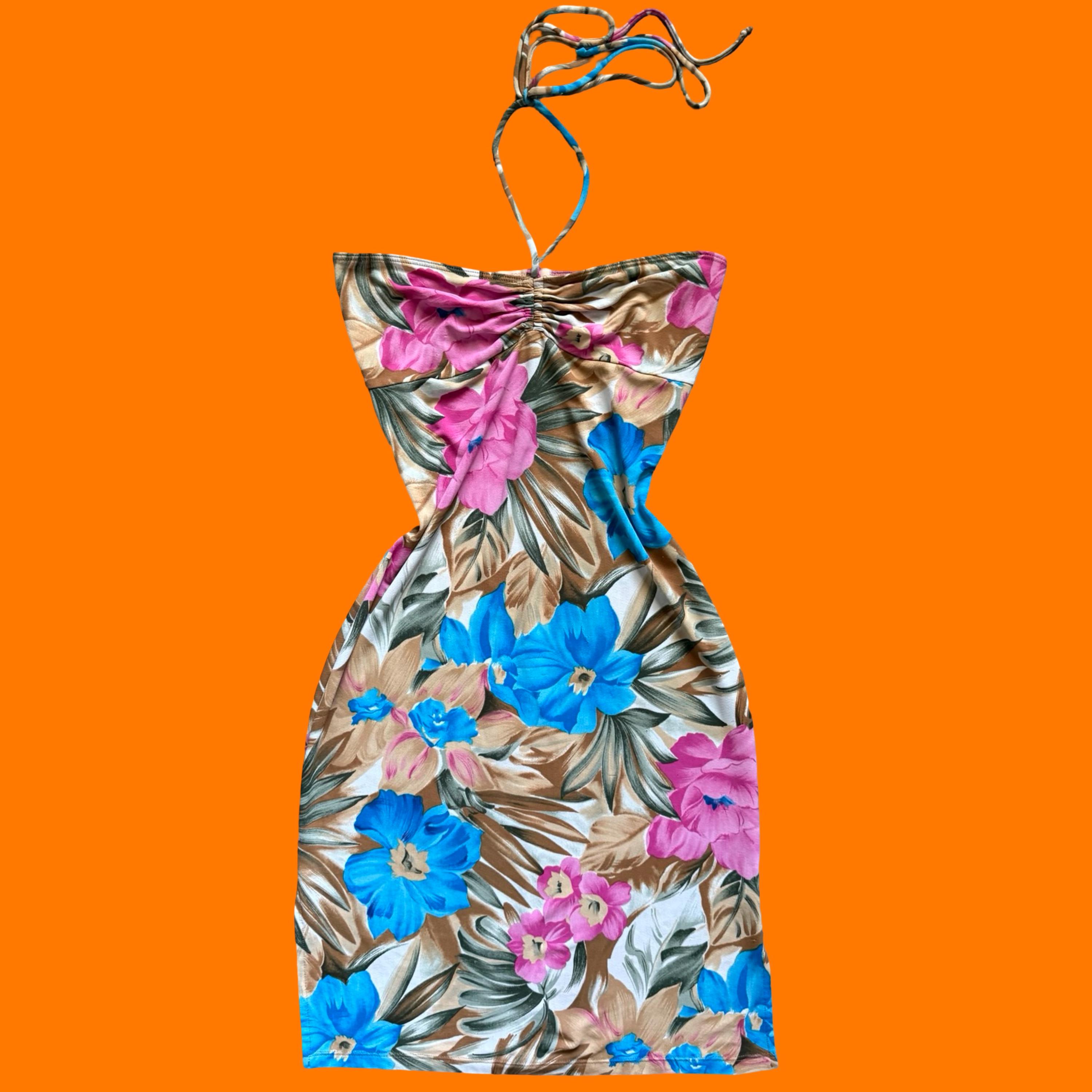 90's 00's Vintage Tropical Floral Print Strapless Halter Y2k Dress SMALL Forever 21