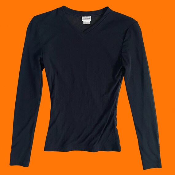 Forever 21 Black V Neck Long Sleeve Shirt 90's Vintage Black Sheer