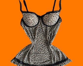 00's vintage leopard mesh mcbling mob wife lingerie y2k bustier babydoll XL