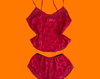 90's vintage red chiffon 2pc pajama lingerie set SMALL