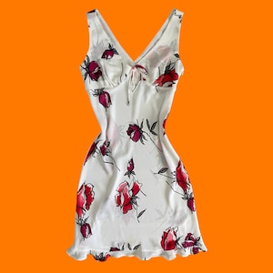00&#39;s vintage white rose floral print double v frilly y2k dress MEDIUM millennium