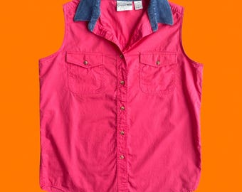 Camisa vaquera 100 % algodón, sin mangas, con cuello y botones, color rosa vintage de los años 90, talla GRANDE