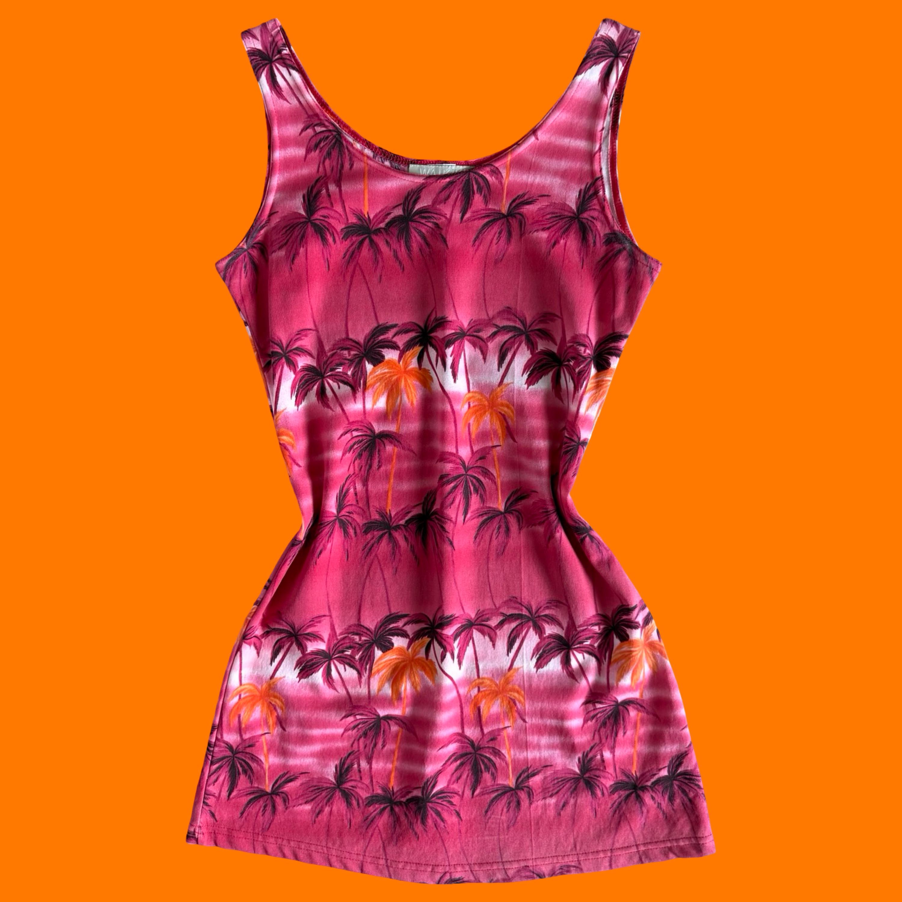 red palm tree mini dress 90's Vintage Red Tropical Palm Tree Print Sleeveless Bodycon Mini Dress  SMALL Waikiki Hawaii