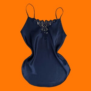 90&#39;s vintage navy satin 100% polyester embroidered mini slip dress SMALL cinema etoile