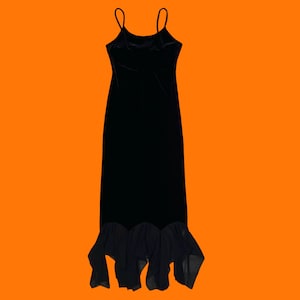 90&#39;s vintage black velvet spaghetti strap sheer chiffon trim asymmetrical dress Size 3/4 jump apparel