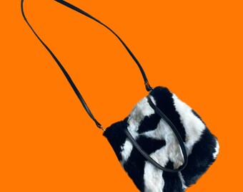 90's 00's Vintage Black and White 100% Rabbit Fur Furry Plush Y2k