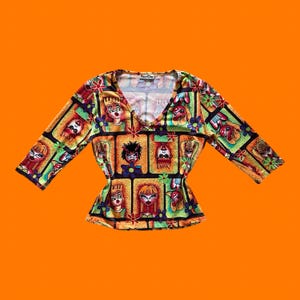 90's 00's vintage groovy funky cartoon girl doll female y2k bodycon 3/4 sleeve top blouse MEDIUM LARGE rave city