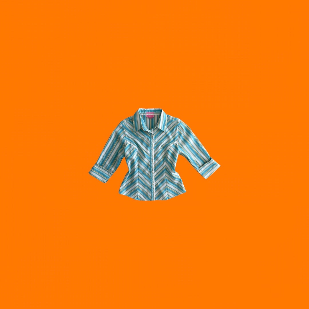 00's Vintage Groovy Baby Blue and Yellow Striped Glittery 3/4 Sleeve