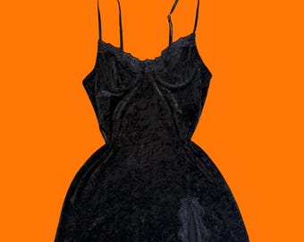 90's 00's vintage black crushed velvet lace y2k babydoll slip dress SMALL