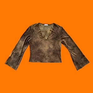 90&#39;s 00&#39;s vintage brown tie dye gold studded bell sleeve v neck y2k bodycon blouse LARGE cheroy