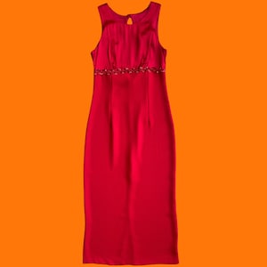 90&#39;s vintage red satin sequins peekaboo open back high slit maxi evening dress Size 7 Byer Too!