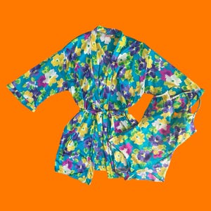 80&#39;s vintage floral print criss cross pin up 2pc swimsuit one piece bathing suit cover up robe MEDIUM LARGE roxanne