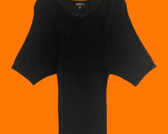 00er Vintage schwarzes halb schiere Strick Bodycon y2k Dolman Top Bluse SMALL bebe