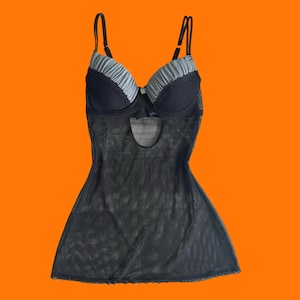 00&#39;s vintage black and gray fishnet sheer bustier y2k babydoll mini slip dress chemise SMALL