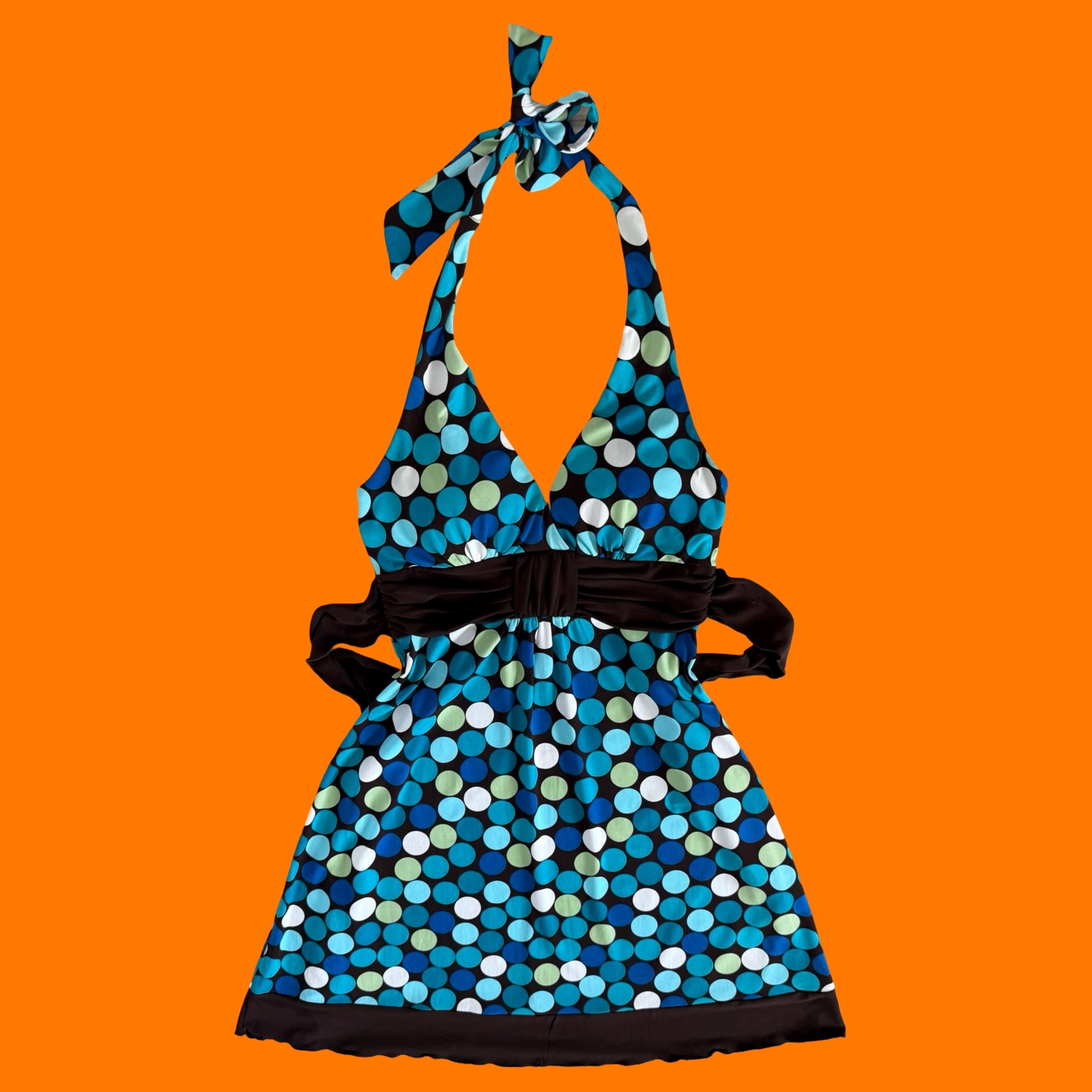 00's Vintage Brown and Blue Polka Dot Print Y2k Halter Dress MEDIUM - Etsy