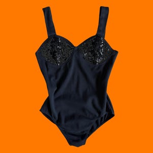 90&#39;s vintage black sequins cotton blend bodysuit one piece MEDIUM jazzie